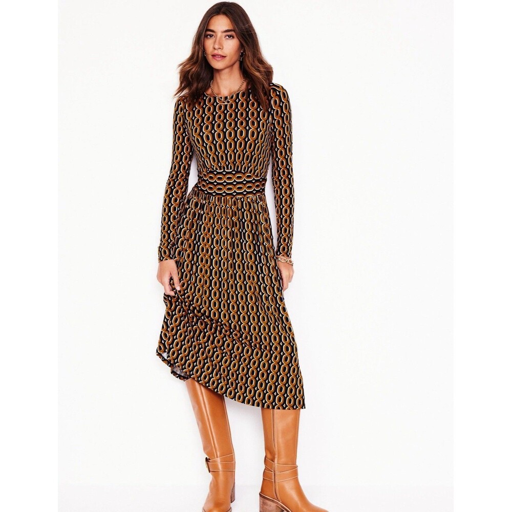 BODEN Women’s Thea Midi Dress Mustard 4R Geometric Jersey Long Sleeve D1059